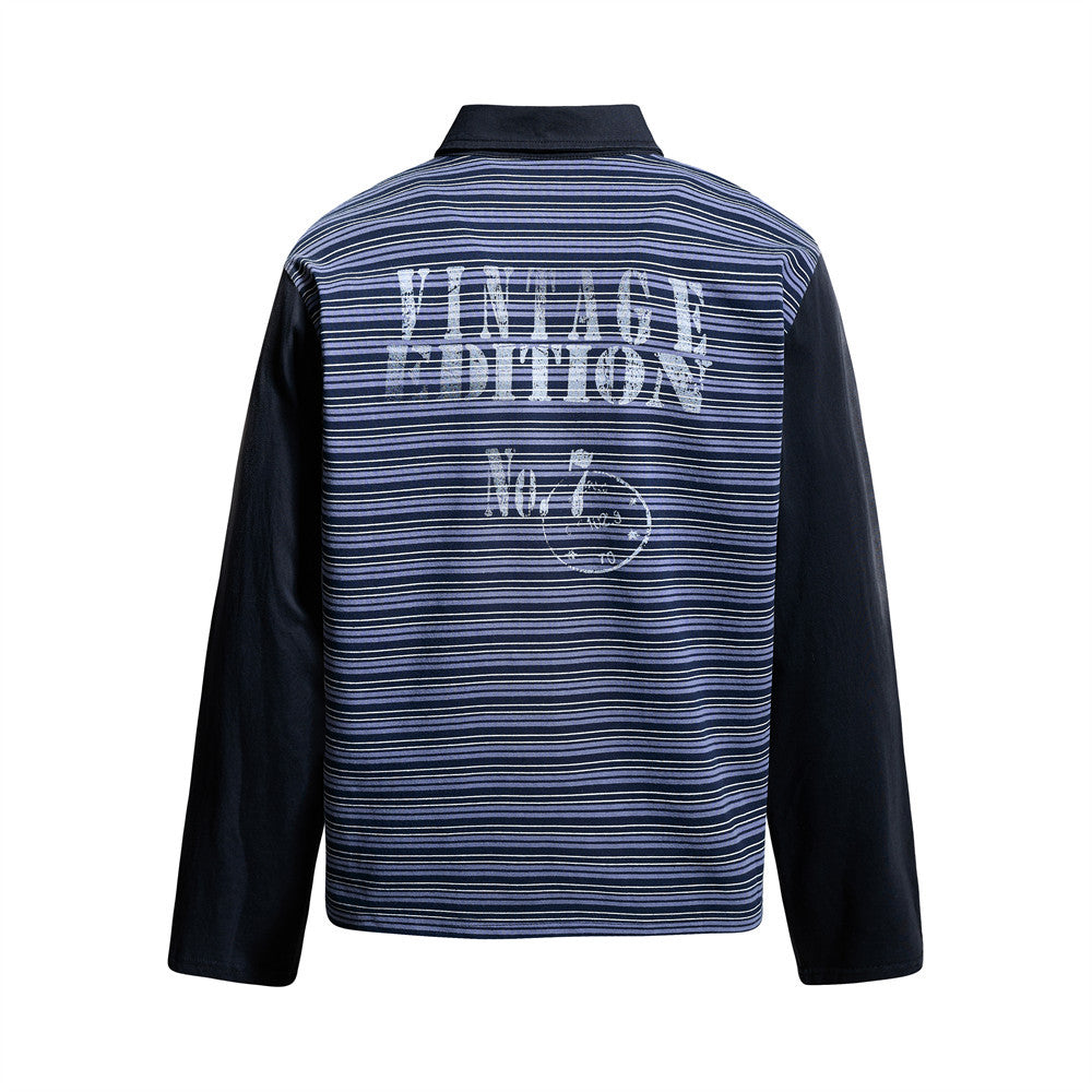 Herren-Poloshirt in Navyblau, Langarm – Vintage-Streifen, verwaschen und Relaxed Fit