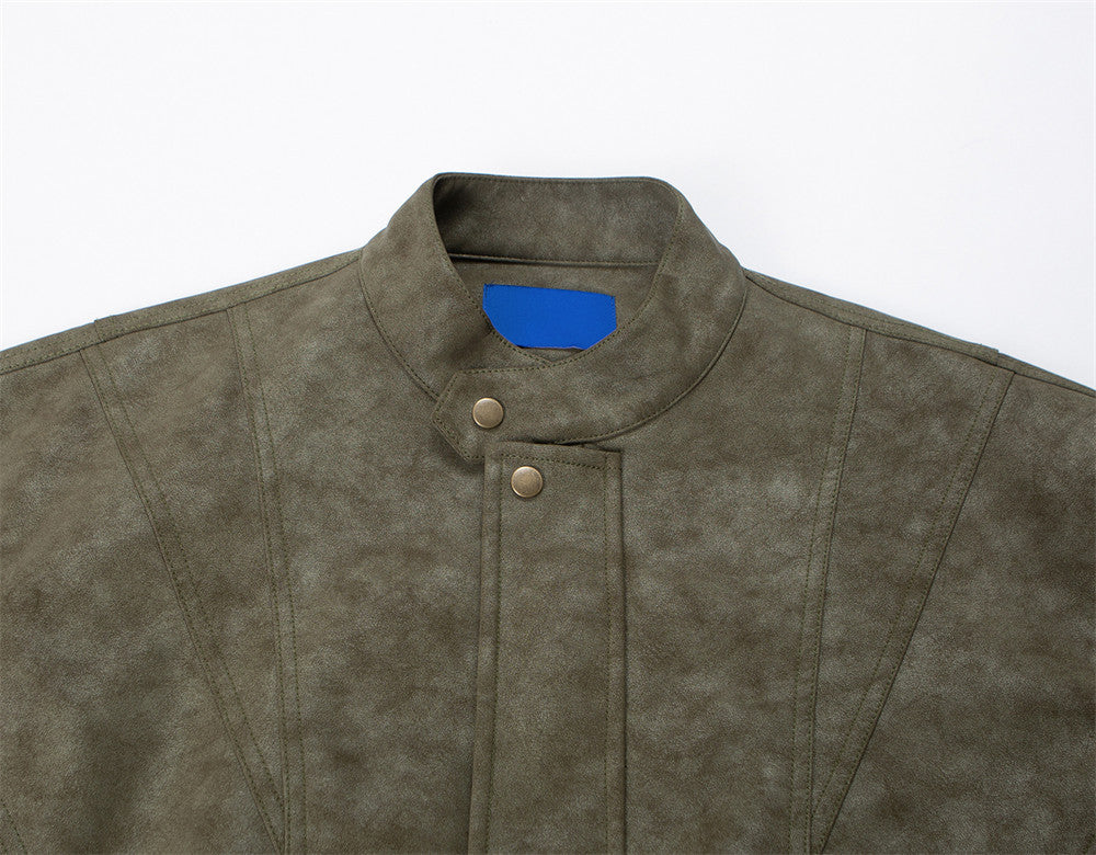 Mens Distressed Leather Jacket Oversized PU Bomber with Stand Collar — Olive