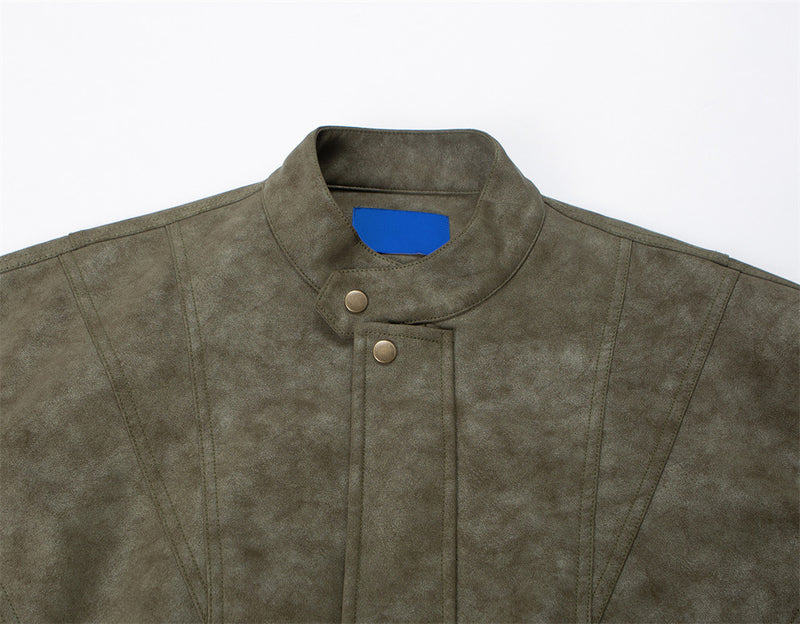 Mens Distressed Leather Jacket Oversized PU Bomber with Stand Collar — Olive