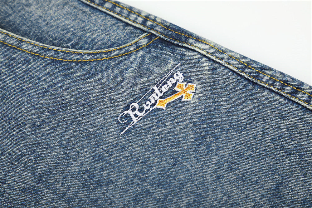 Wide-Leg Baggy Jeans with Cross Pocket Embroidery & Washed Distressed Finish