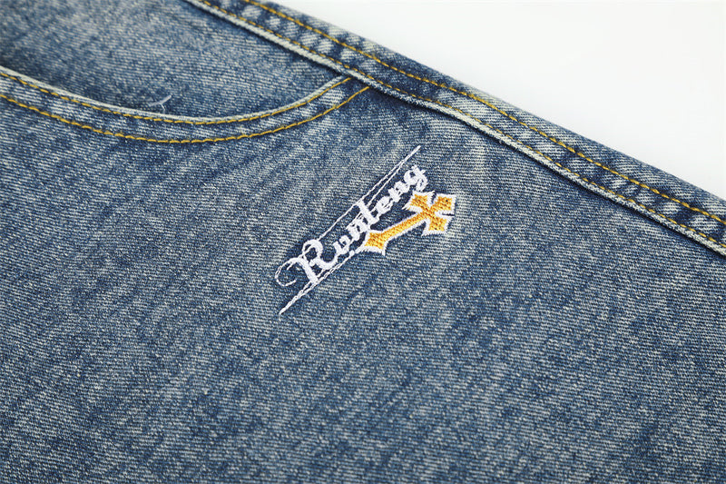 Wide-Leg Baggy Jeans with Cross Pocket Embroidery & Washed Distressed Finish