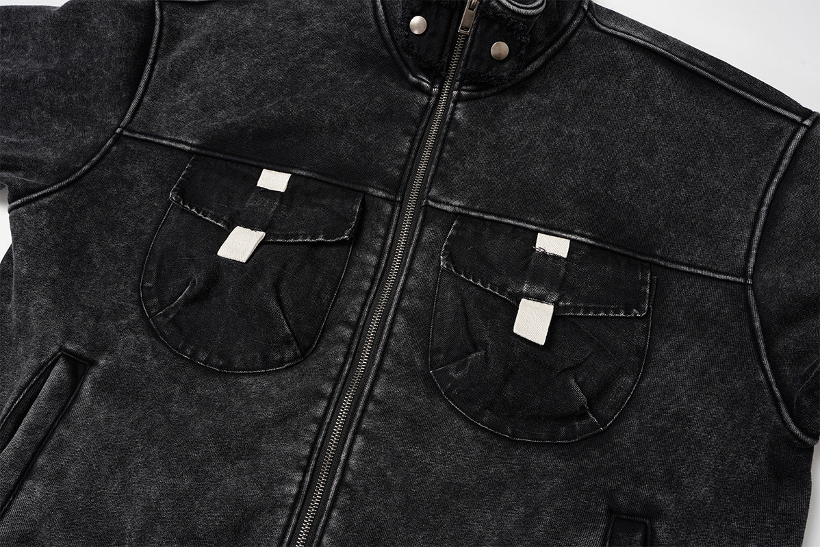 Vintage Washed Fleece-Lined Bomber Jacket – Boxy Fit Men's Zip-Up Outerwear