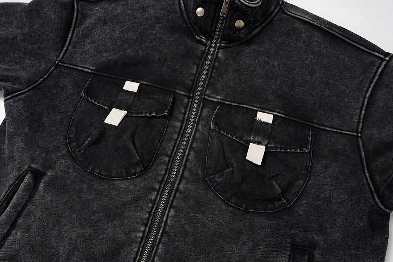 Vintage Washed Fleece-Lined Bomber Jacket – Boxy Fit Men's Zip-Up Outerwear