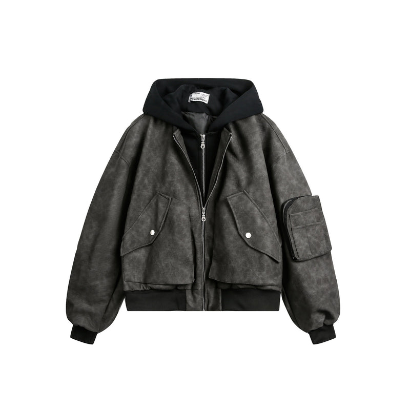 Oversized Hooded Bomber Jacket – Vintage American Streetwear PU Leather Flight
