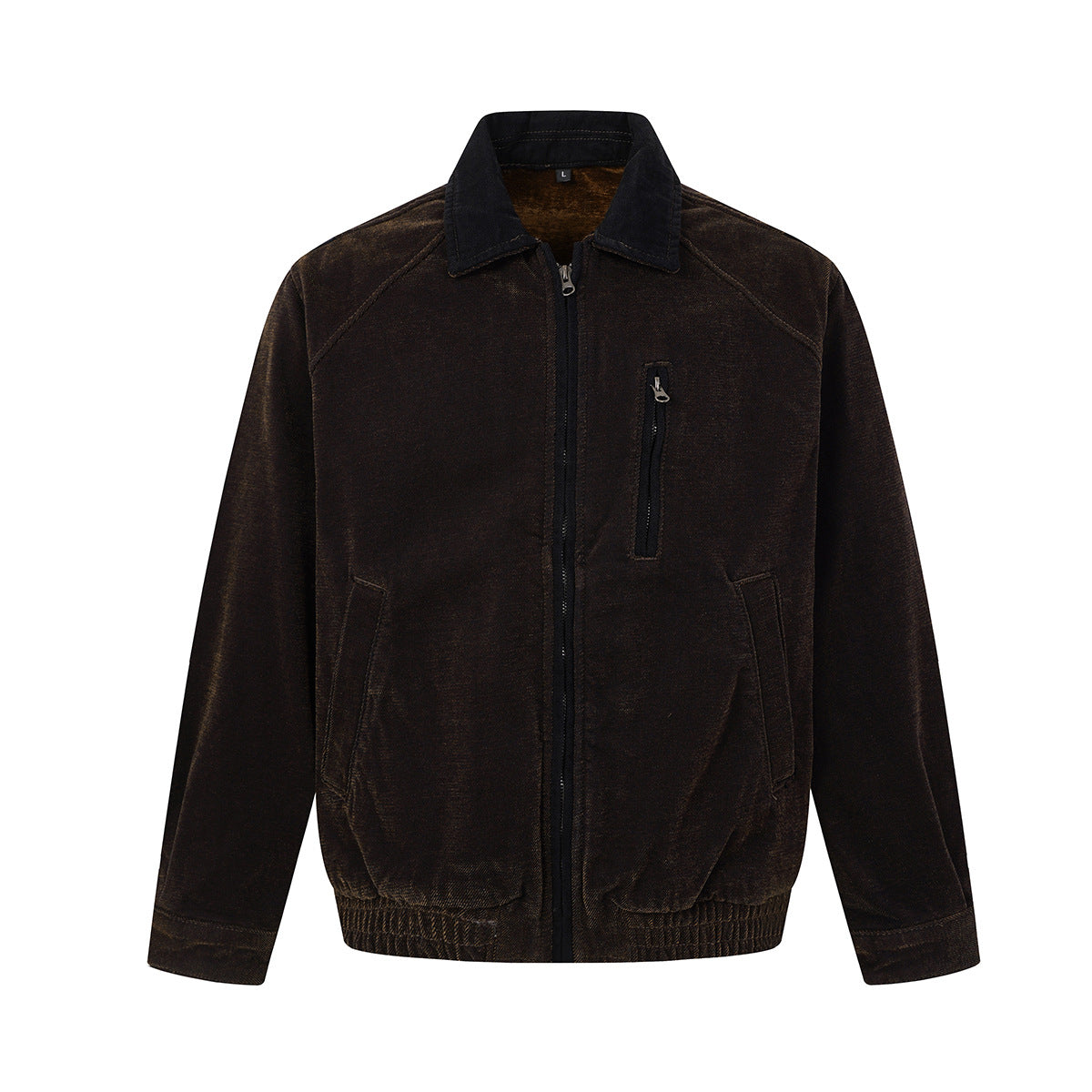 Veste Harrington en velours marron foncé à coupe boxy, col contrastant et poche poitrine zippée, style workwear américain rétro