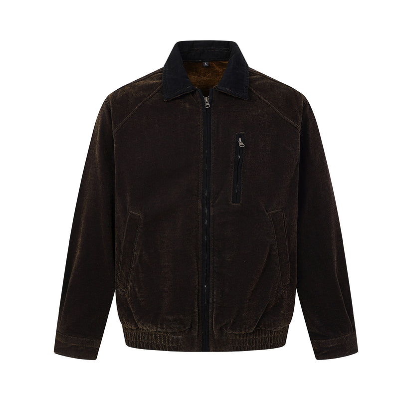 Veste Harrington en velours marron foncé à coupe boxy, col contrastant et poche poitrine zippée, style workwear américain rétro