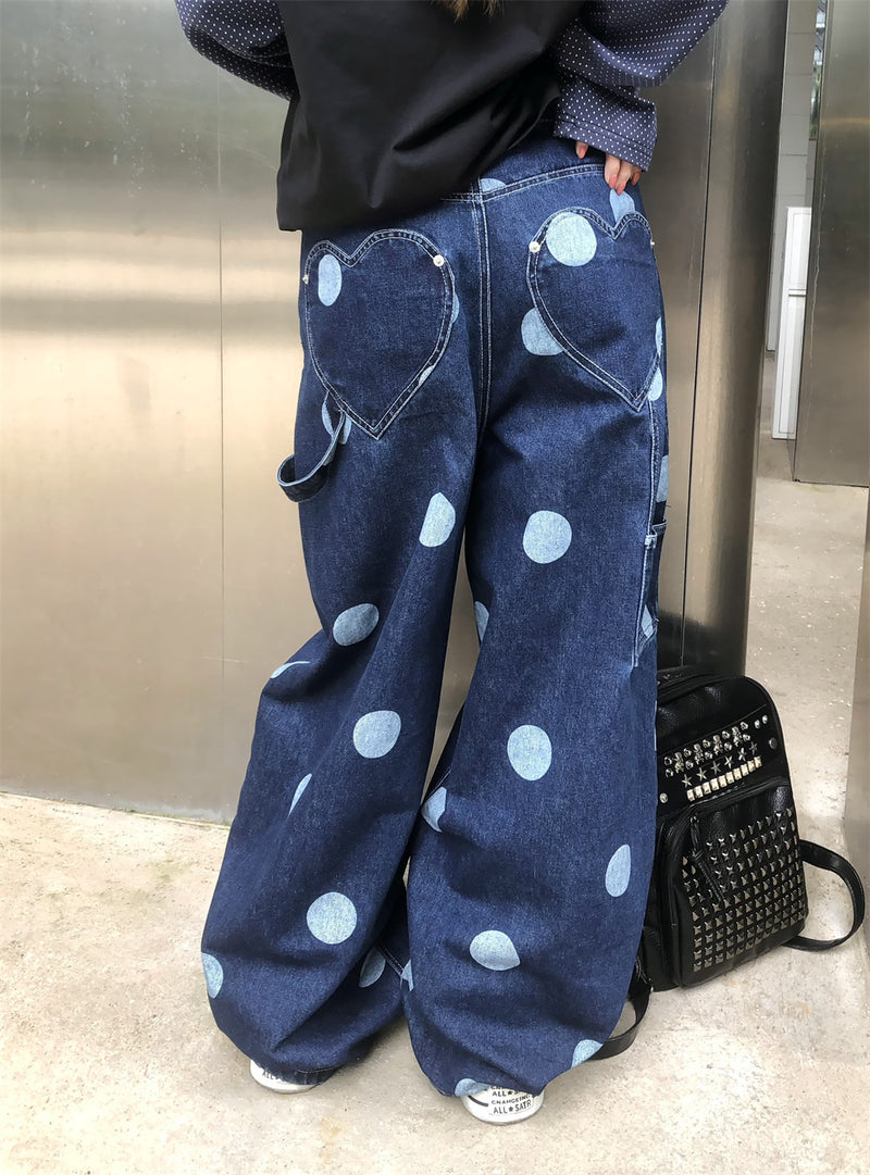 Back view of oversized polka dot jeans with heart-shaped pockets