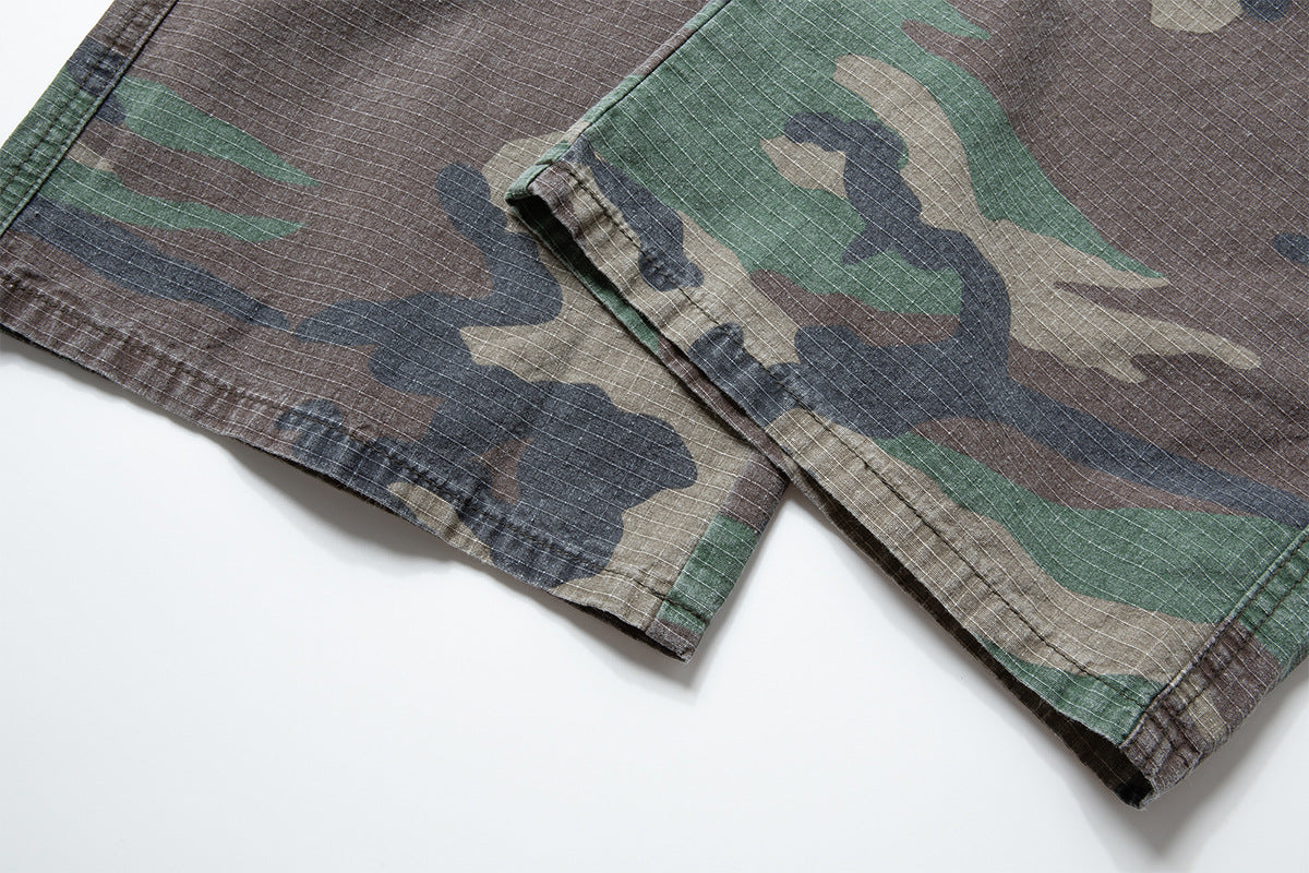 Woodland Camo Wide-Leg Cargo Pants – Washed Vintage Military Style