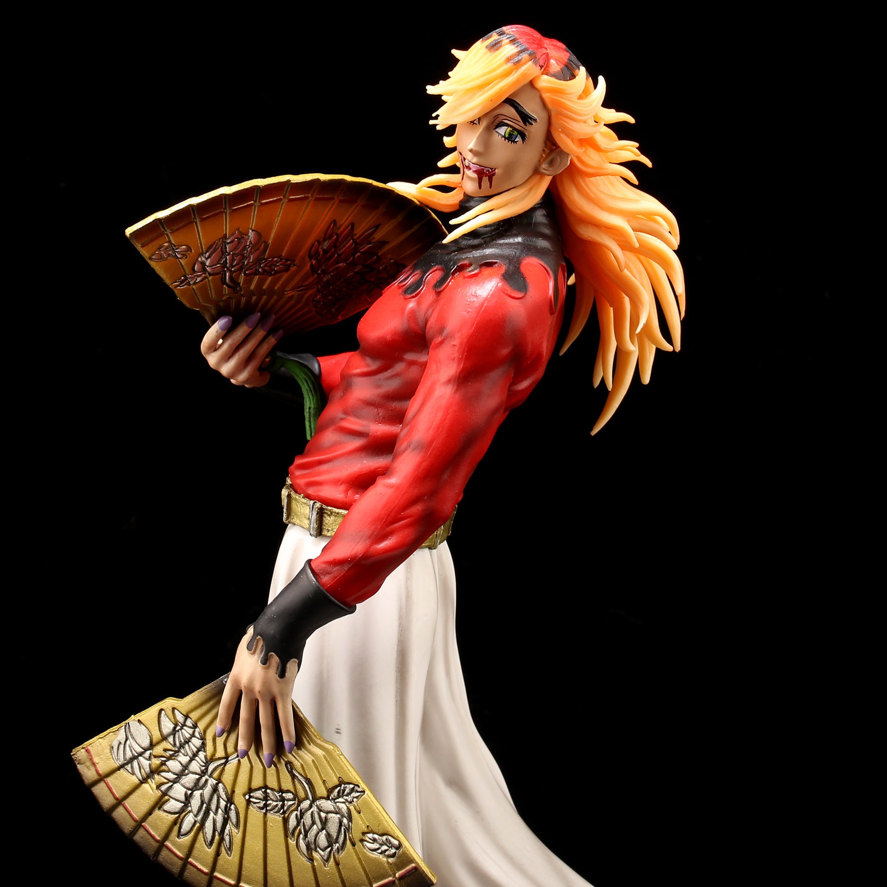 This dramatic 28CM PVC action figure features Tengen Uzui from Demon Slayer, showcasing long, flowing hair and decorative fans. Wearing a red top with a white skirt, it’s dynamically posed against a black background. From the Demon Slayer brand&