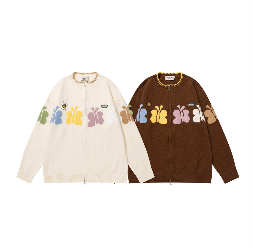 Jacquard-Strick-Cardigan mit Schmetterlingen und Reißverschluss – Colourblock-Streetwear-Pullover