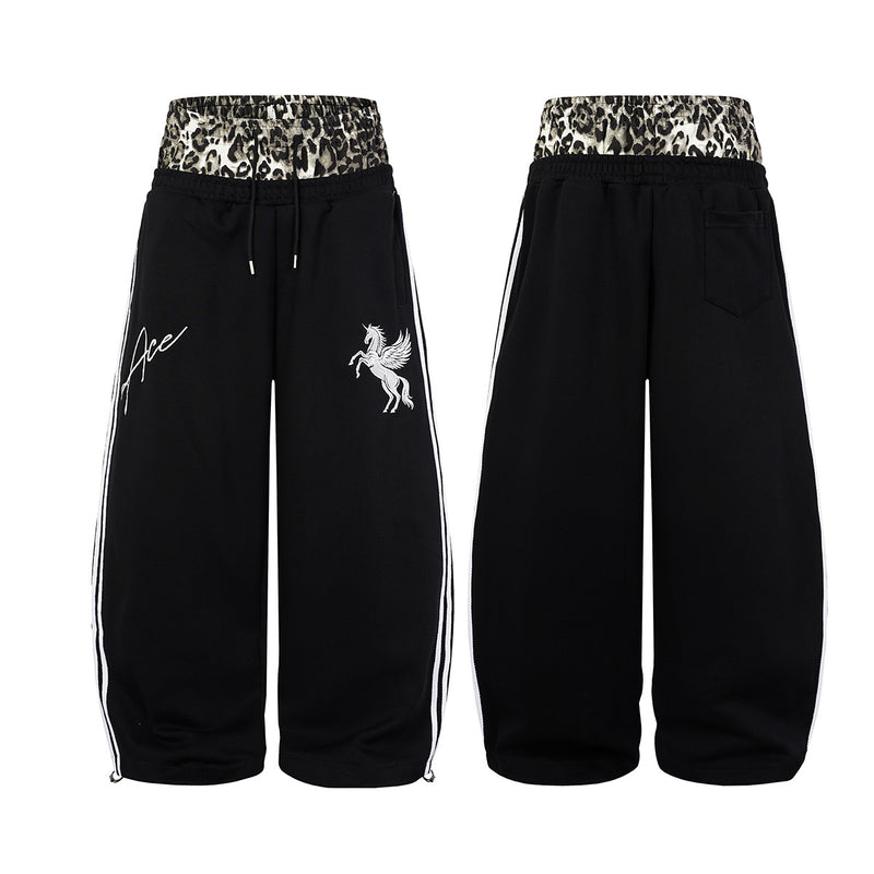 Wide Leg Sweatpants with Leopard Waistband & Pegasus Embroidery