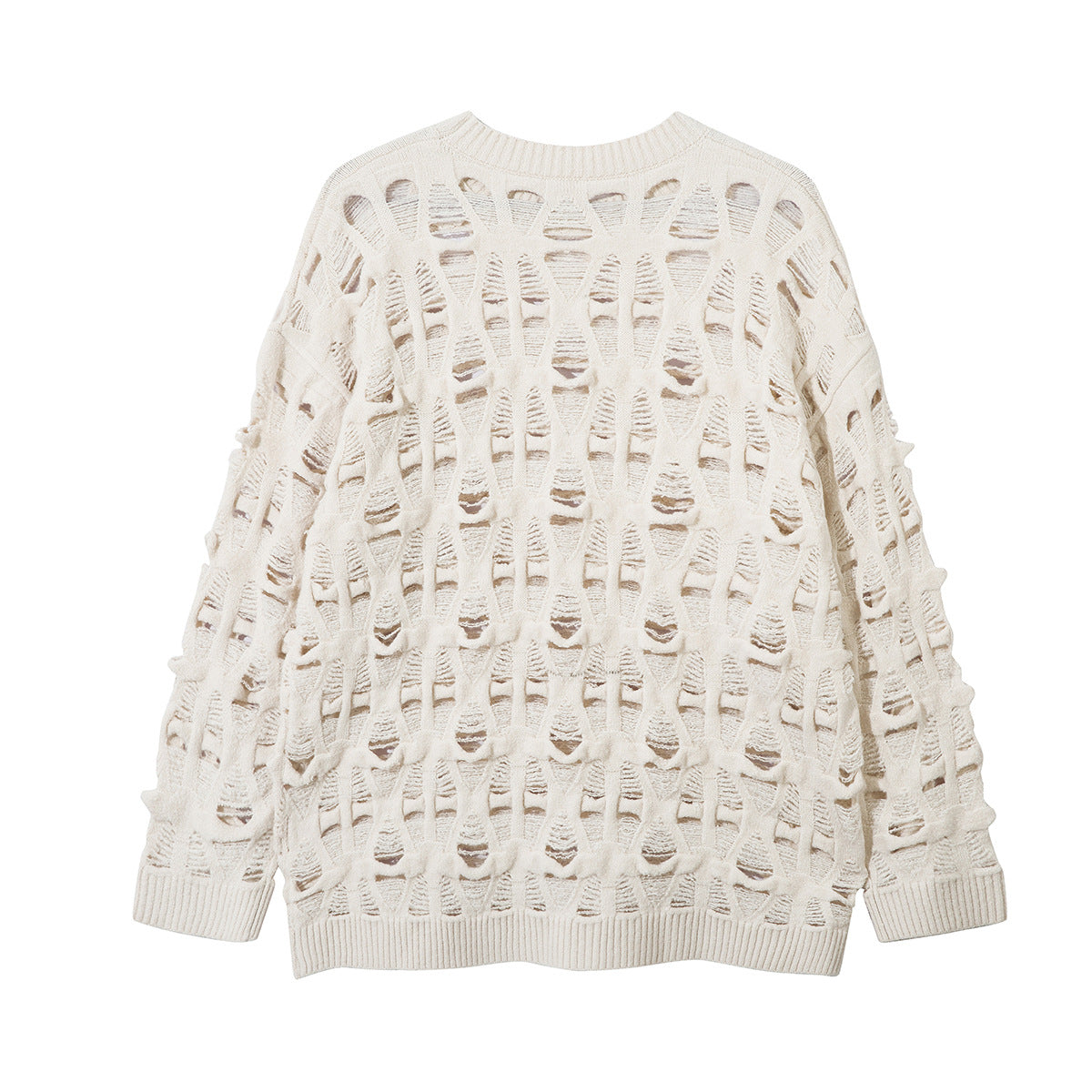 Distressed Open-Weave Crew Neck Knit Sweater – Oversized Ladder-Hole Design