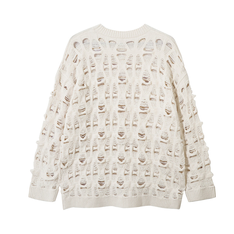 Distressed Open-Weave Crew Neck Knit Sweater – Oversized Ladder-Hole Design
