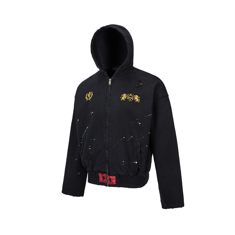 Oversized Zip-Up Hoodie Men — Distressed Heraldic Embroidery, Cropped Bomber Fit