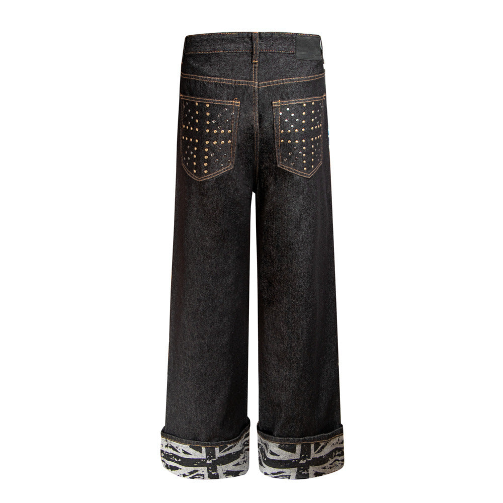 Men's Wide-Leg Raw Denim Jeans with Union Jack Rolled Cuffs & Studded Back