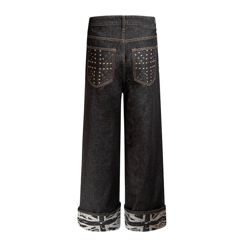 Men's Wide-Leg Raw Denim Jeans with Union Jack Rolled Cuffs & Studded Back