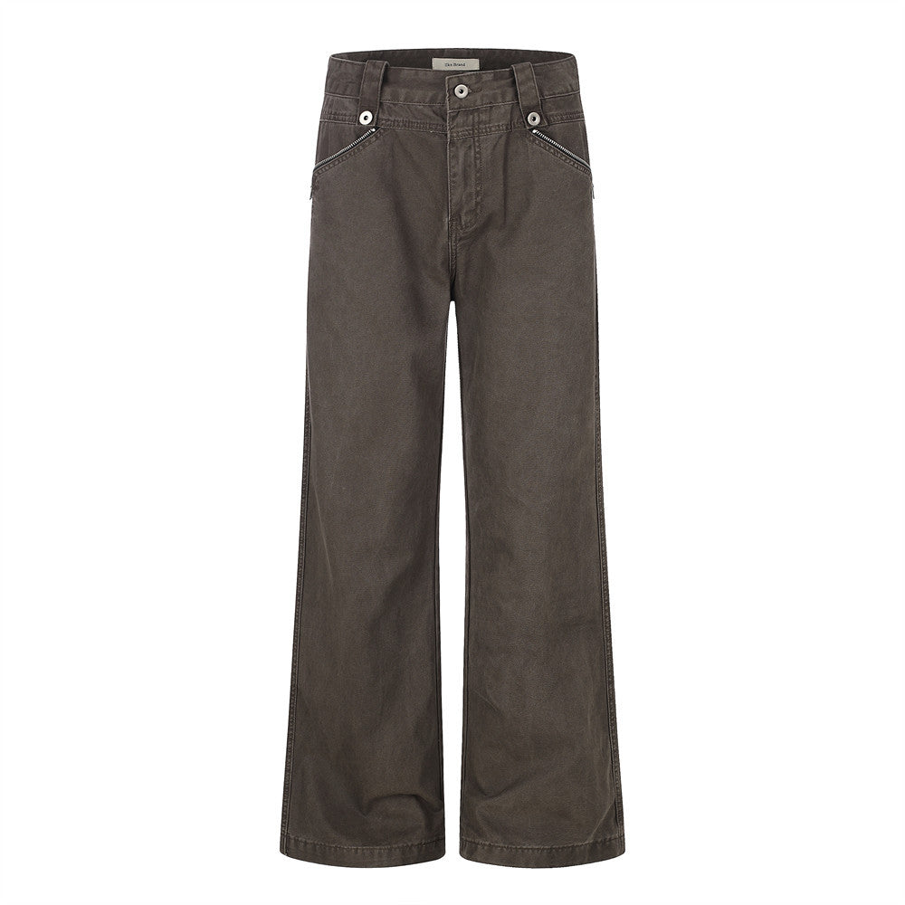 Wide-Leg Zip Pocket Pants – Vintage Washed Flare Trousers
