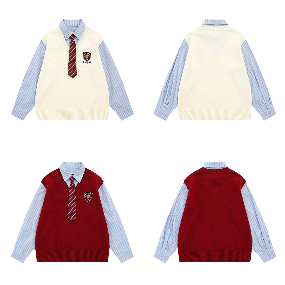 Campus-Style Knit Sweater Vest Layered Shirt with Badge Patch and Striped Tie