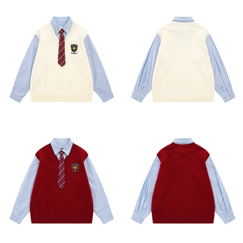 Campus-Style Knit Sweater Vest Layered Shirt with Badge Patch and Striped Tie
