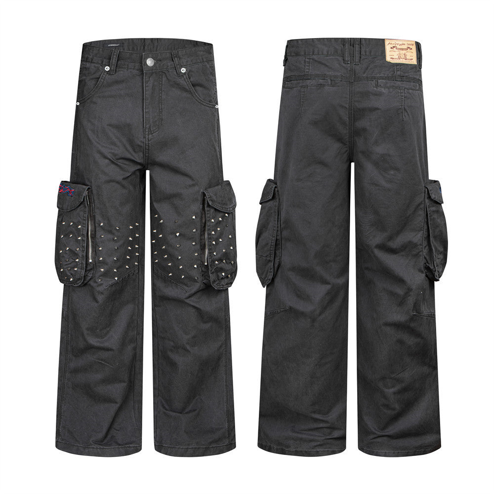 Wide-Leg Cargo Pants with Studded Multi-Pocket Detail in Dark Grey