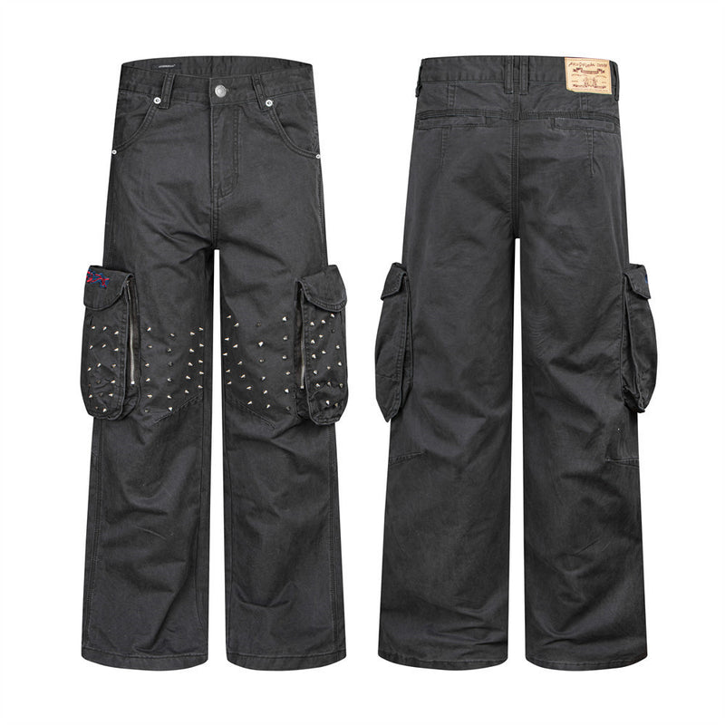 Wide-Leg Cargo Pants with Studded Multi-Pocket Detail in Dark Grey