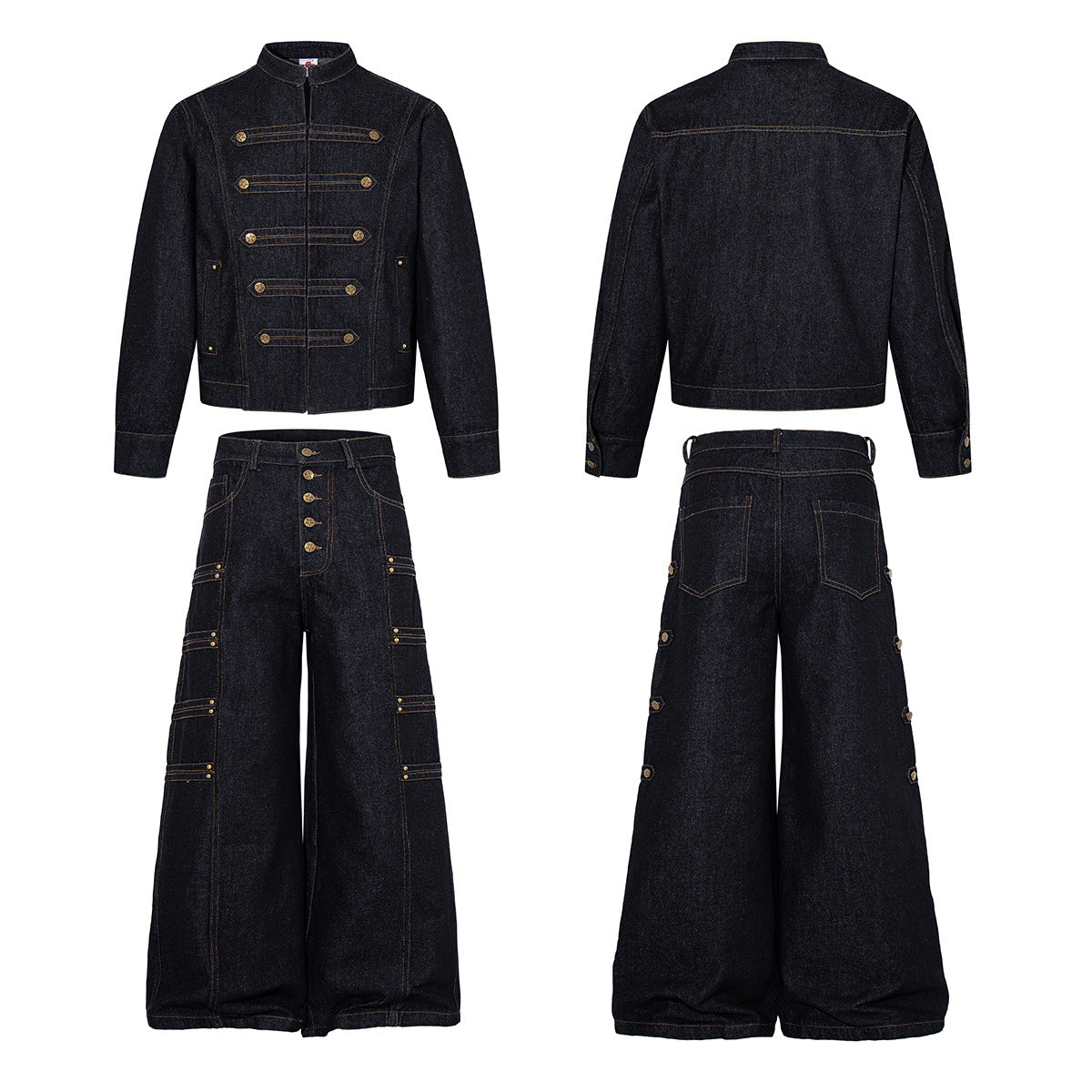 Military-Style Denim Jacket with Napoleon Stand Collar and Gold Star Buttons