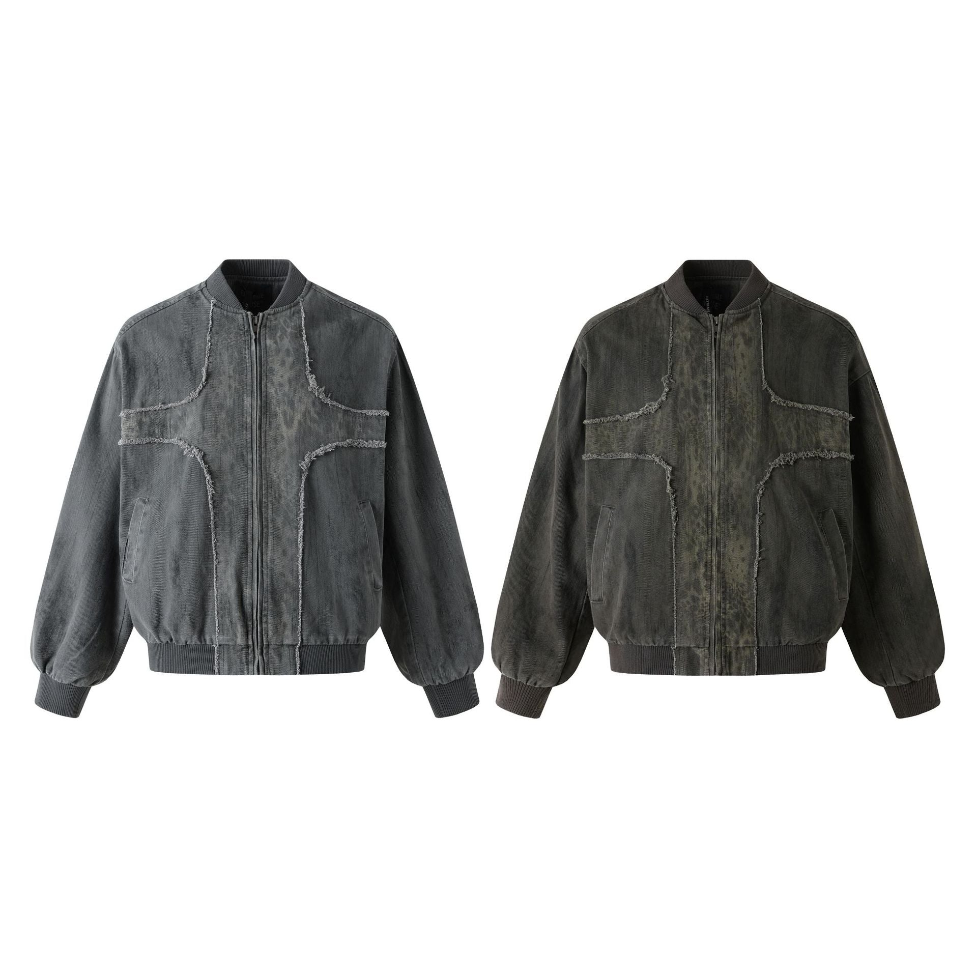 Veste bomber en jean délavé déconstruite à empiècement croisé et coutures effilochées