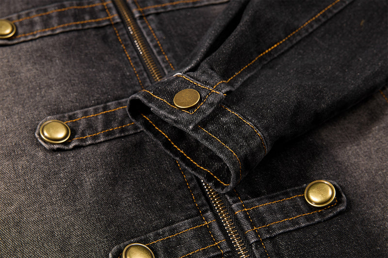 Military-Style Washed Denim Jacket – Stand Collar, Double-Breasted Button Detail
