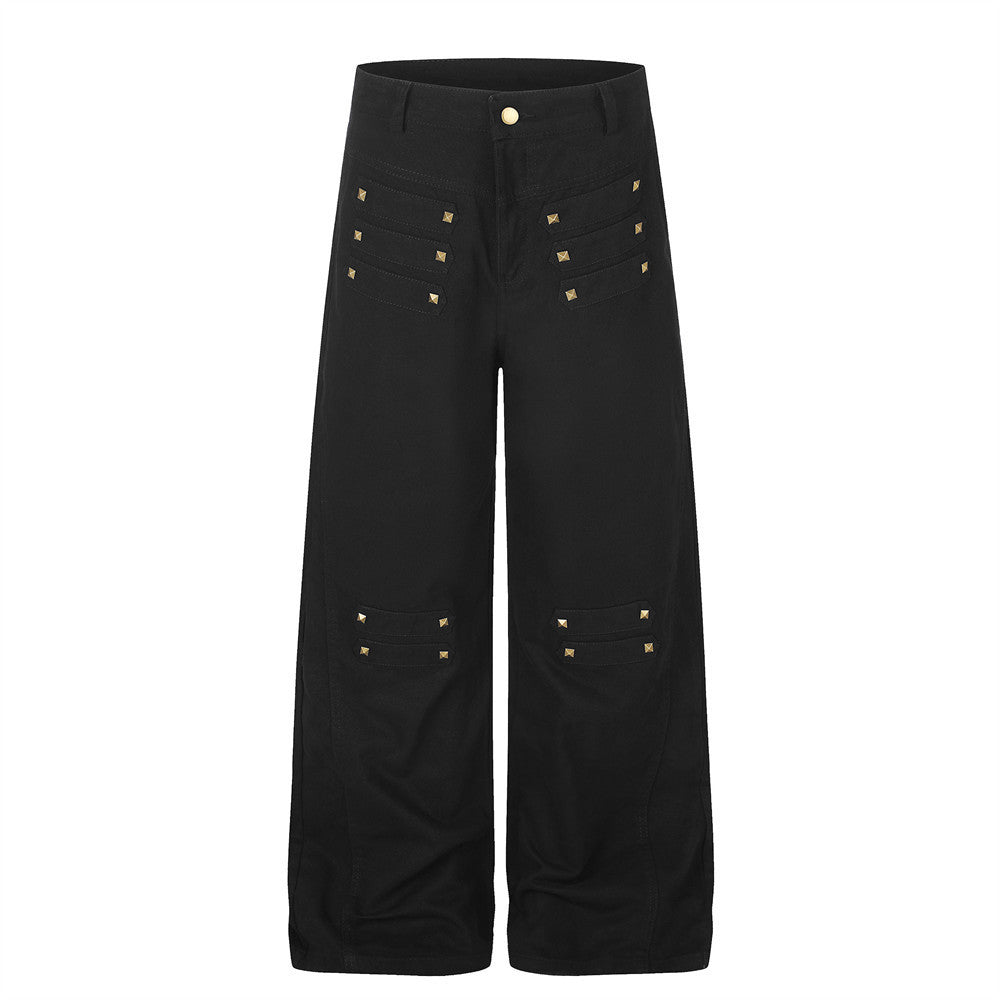 Wide-Leg Cargo Pants with Gold Pyramid Studs – Punk Workwear Straight-Cut