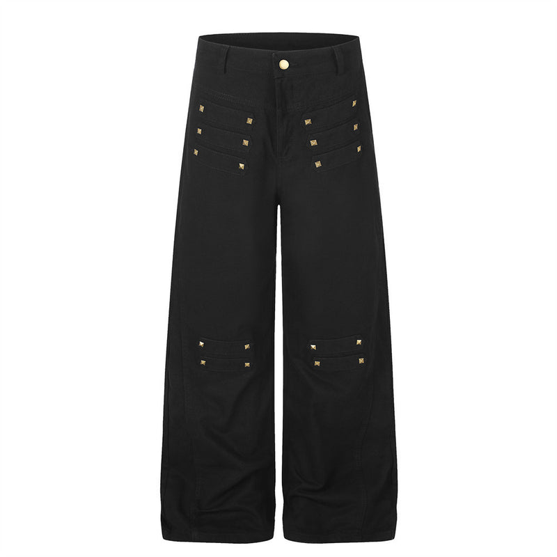 Wide-Leg Cargo Pants with Gold Pyramid Studs – Punk Workwear Straight-Cut