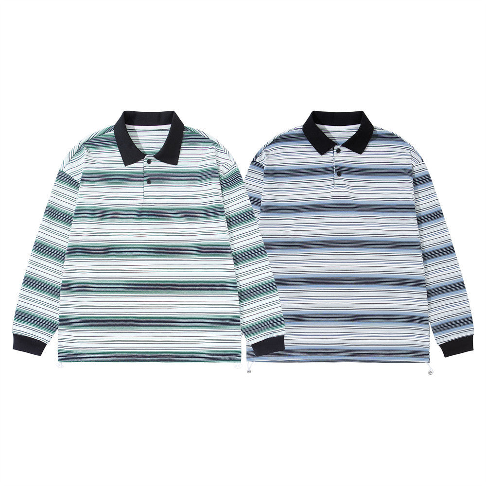 Men Striped Polo Shirt Long Sleeve Oversized Fit with Drawstring Hem