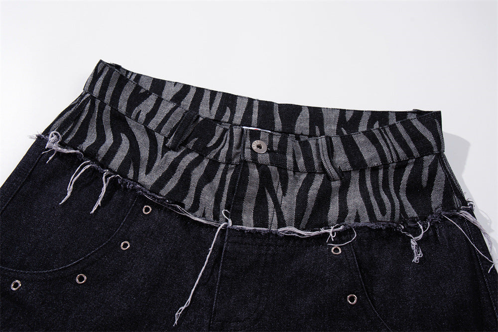 Wide-Leg Zebra Print Patchwork Jeans – Dark Wash Denim with Raw-Edge Waistband