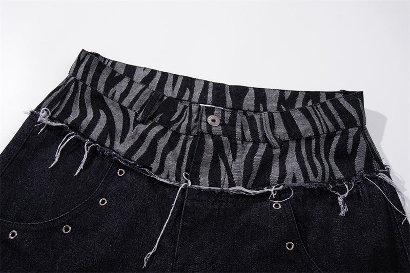Wide-Leg Zebra Print Patchwork Jeans – Dark Wash Denim with Raw-Edge Waistband