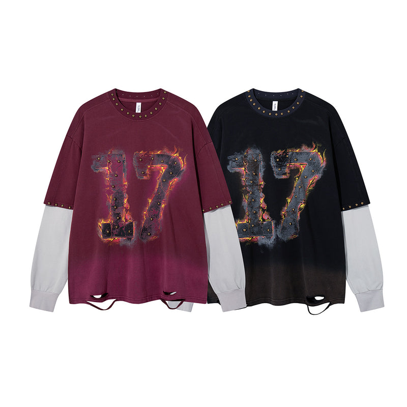 T-shirt manches longues effet superposé Flame 17 – Bas délavé, clous