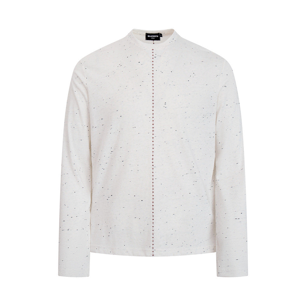 Speckled Long-Sleeve T-Shirt – Mock Neck Relaxed Fit with Center Seam Detail