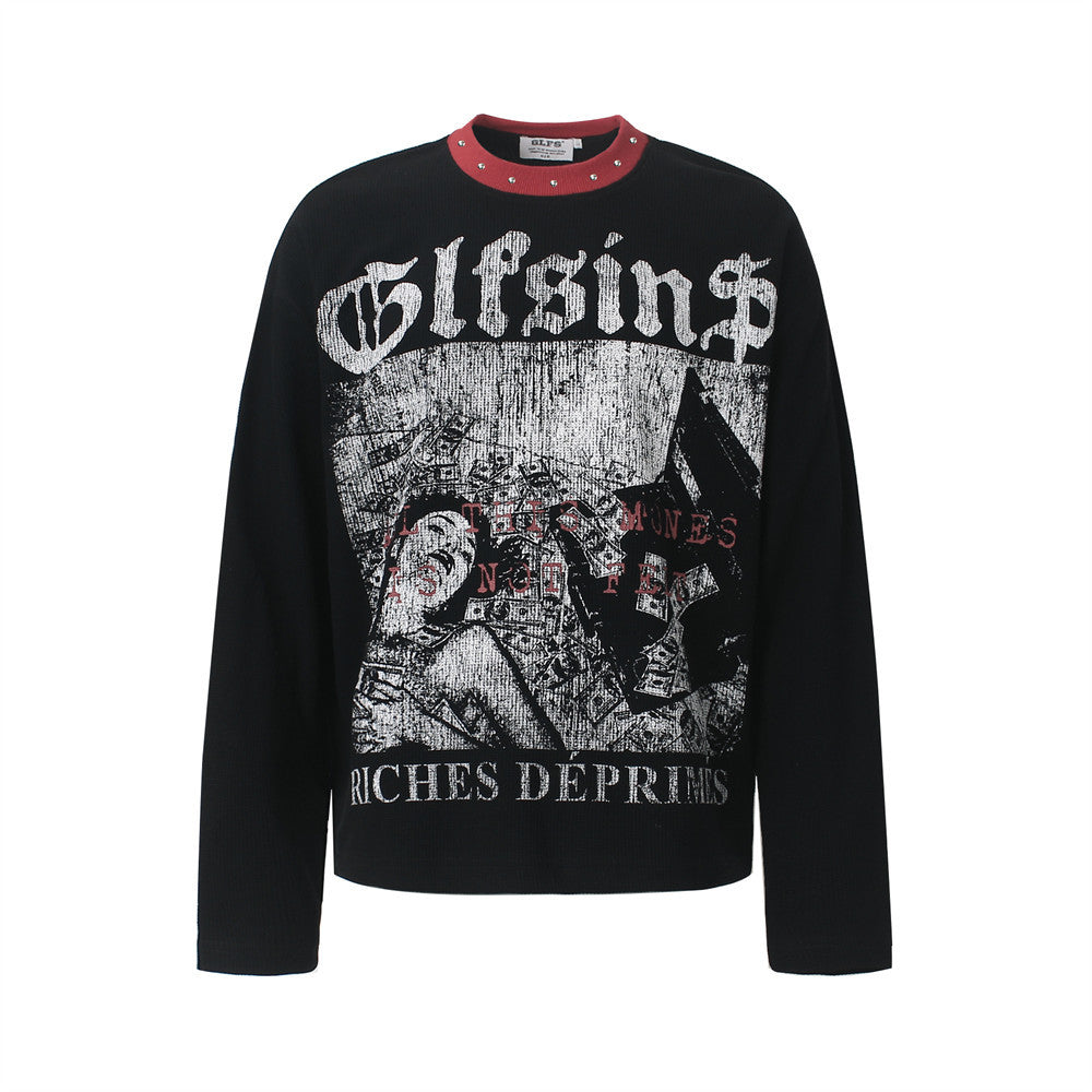 Black long sleeve graphic tee with distressed Glfsins gothic print and studded red ribbed crew neck collar, front view
