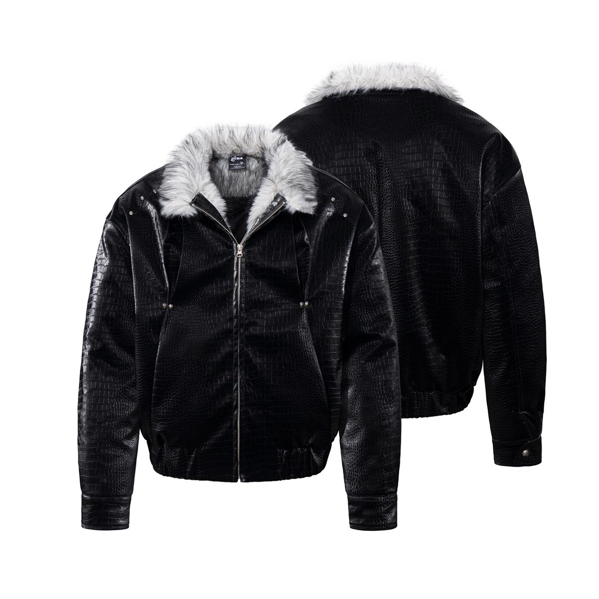 Croc-Embossed Faux Leather Bomber Jacket with Fur Collar