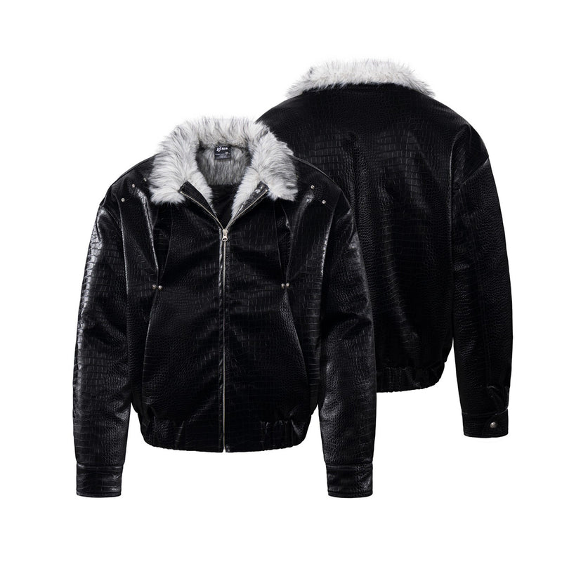 Croc-Embossed Faux Leather Bomber Jacket with Fur Collar