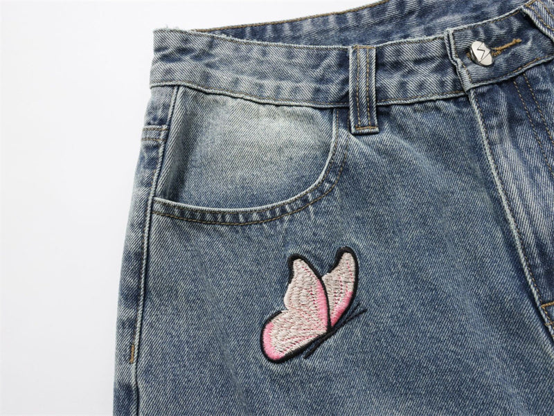 Wide-Leg Jeans with Embroidered Patches – Stars, Butterflies & Roses on Washed