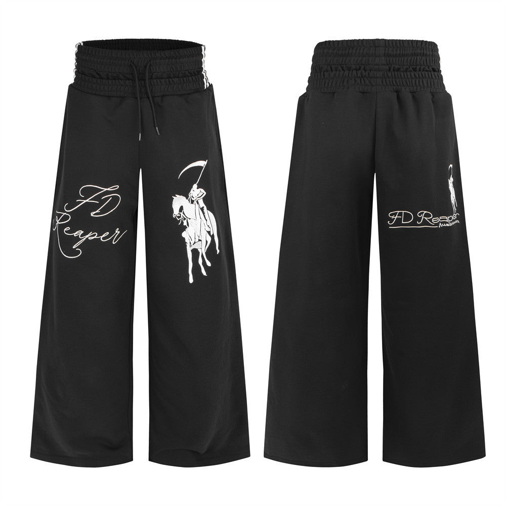 Wide-Leg Sweatpants with Grim Reaper Graphic & Double Waistband