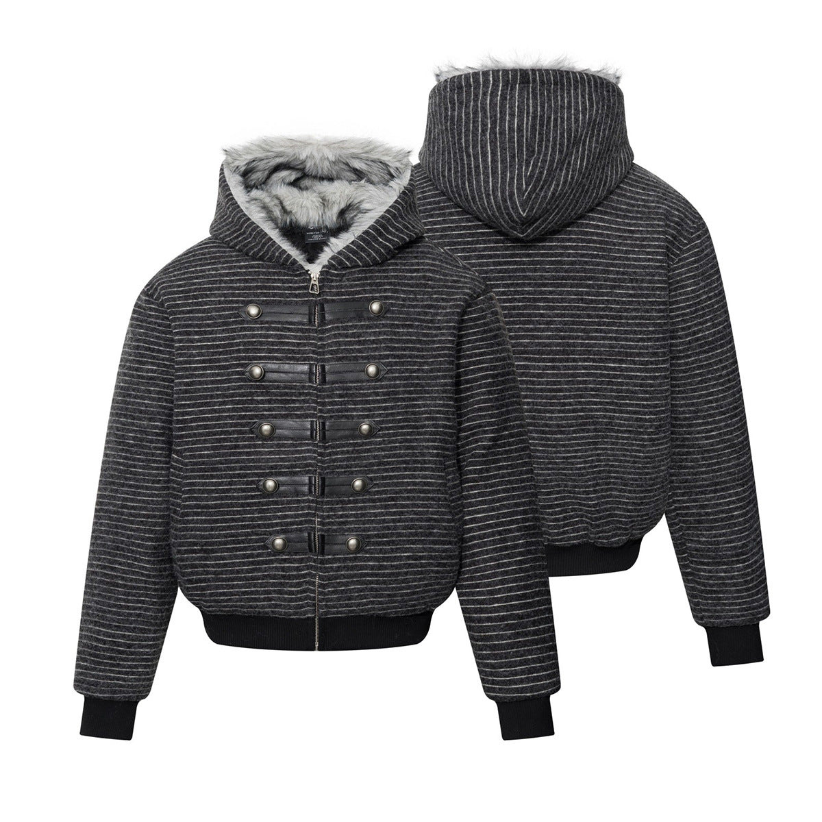 Striped Faux-Fur Hooded Zip-Up Bomber Jacket with Military Button Placket