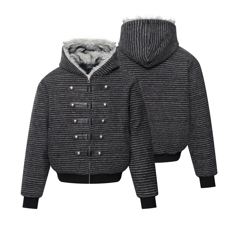 Striped Faux-Fur Hooded Zip-Up Bomber Jacket with Military Button Placket