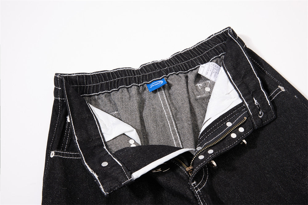 Herren-Cargojeans mit weitem Bein, Klappverschluss und Kontrastnähten