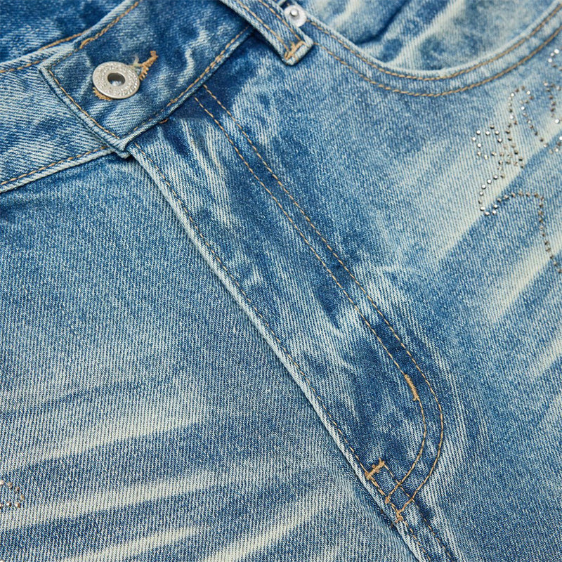 Jean vintage délavé à jambes larges pour homme avec motif cachemire en strass