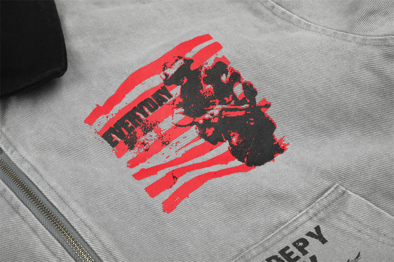 Herren Bomberjacke aus grauem Canvas im Workwear-Stil mit Grafikprints