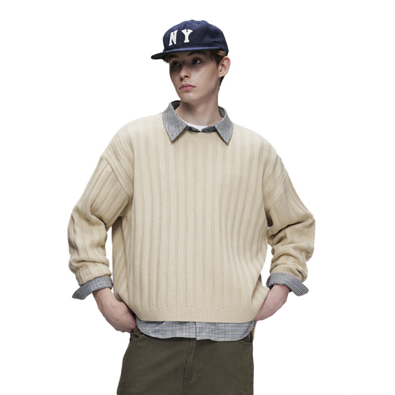 Ribbed Knit Crewneck Sweater — Oversized Fit, Solid Color