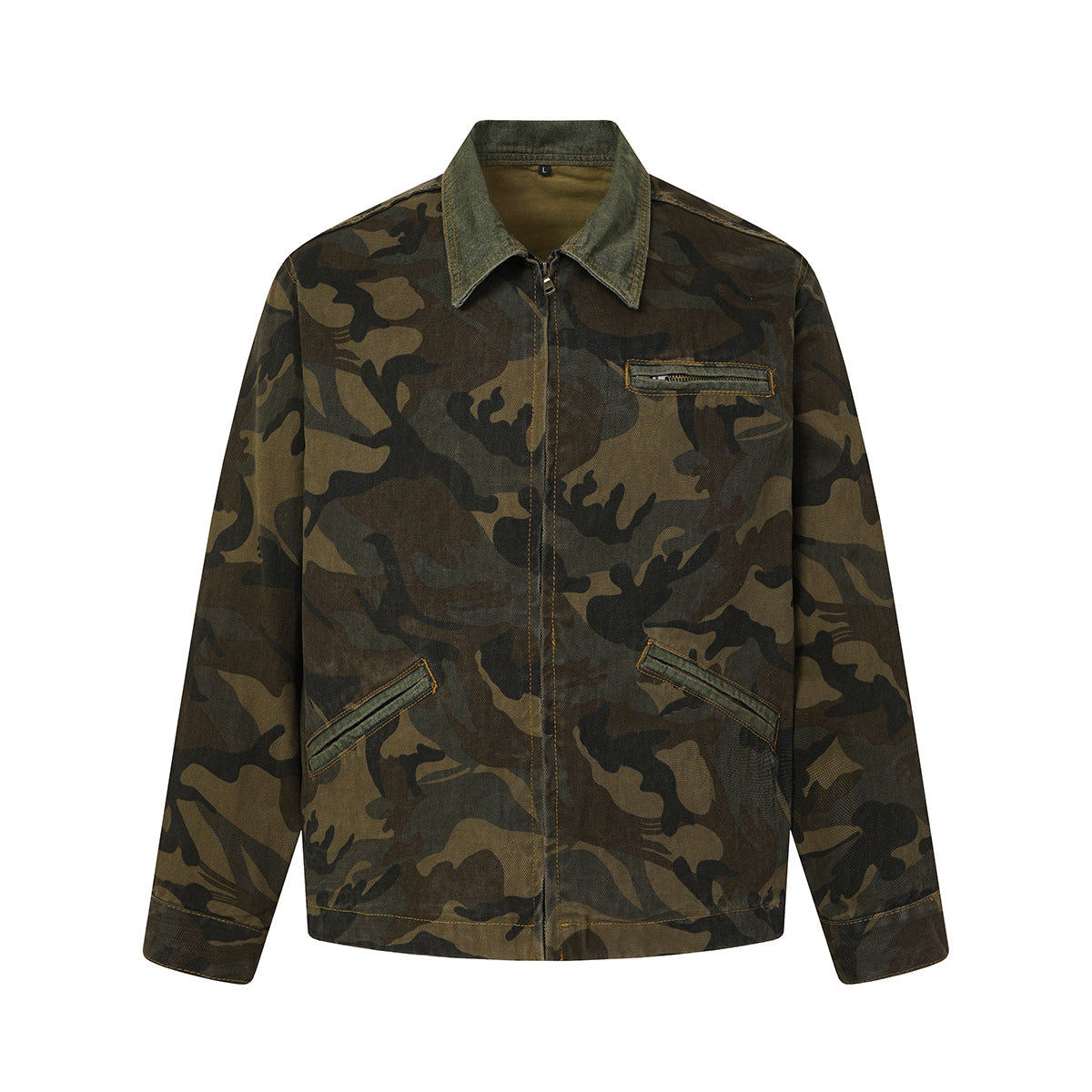 Veste de travail zippée en toile camouflage avec col en velours côtelé