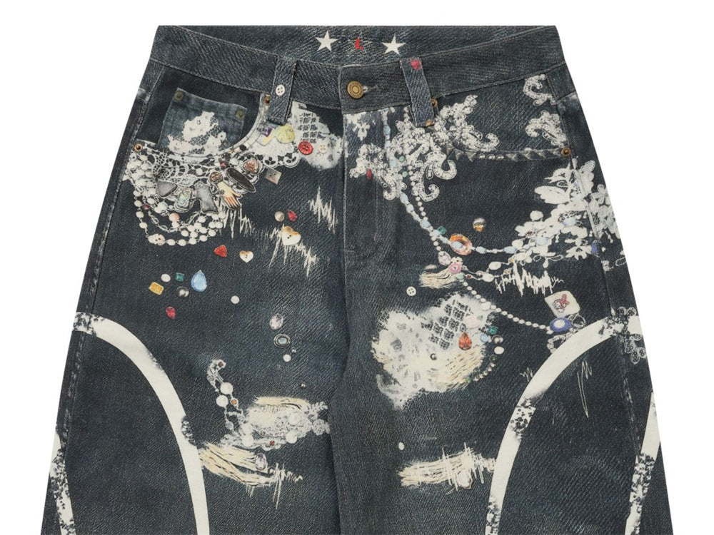 Loose Jeans for Men – Graffiti 3D Print Wide-Leg Dark Wash Denim