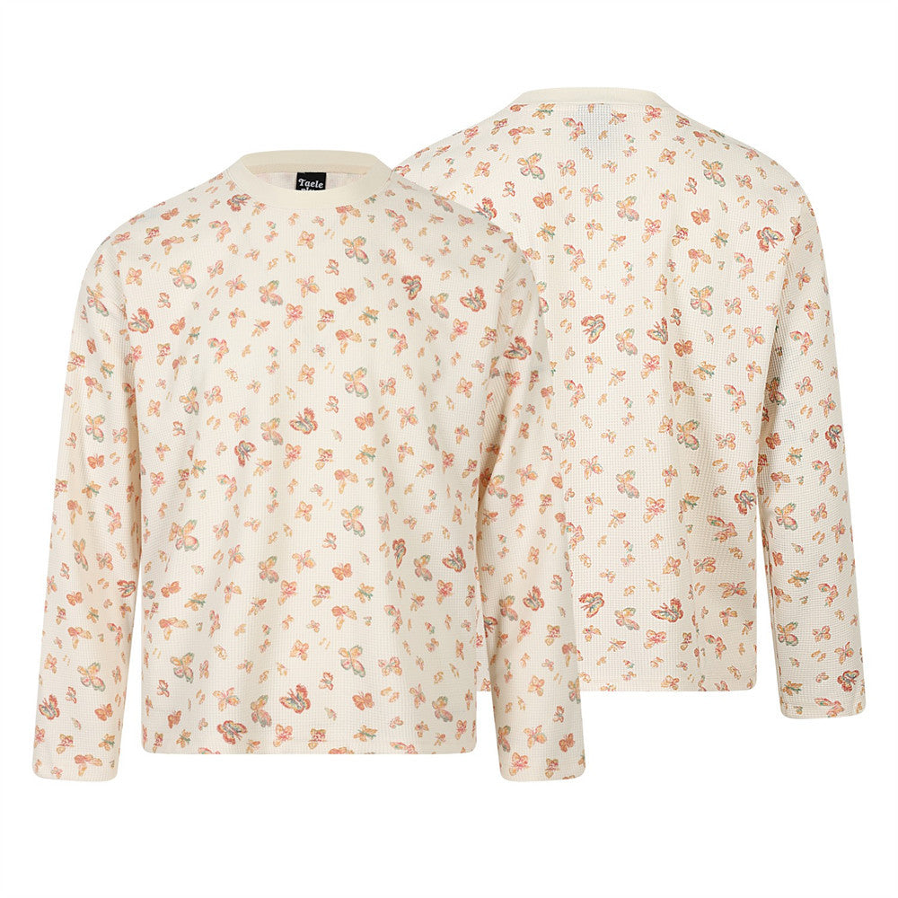 Butterfly Print Waffle Knit Long Sleeve Tee – Relaxed Fit Crew Neck