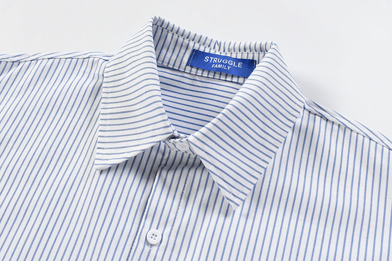 Men's Vertical Stripe Oversized Long-Sleeve Shirt with Embroidered Script